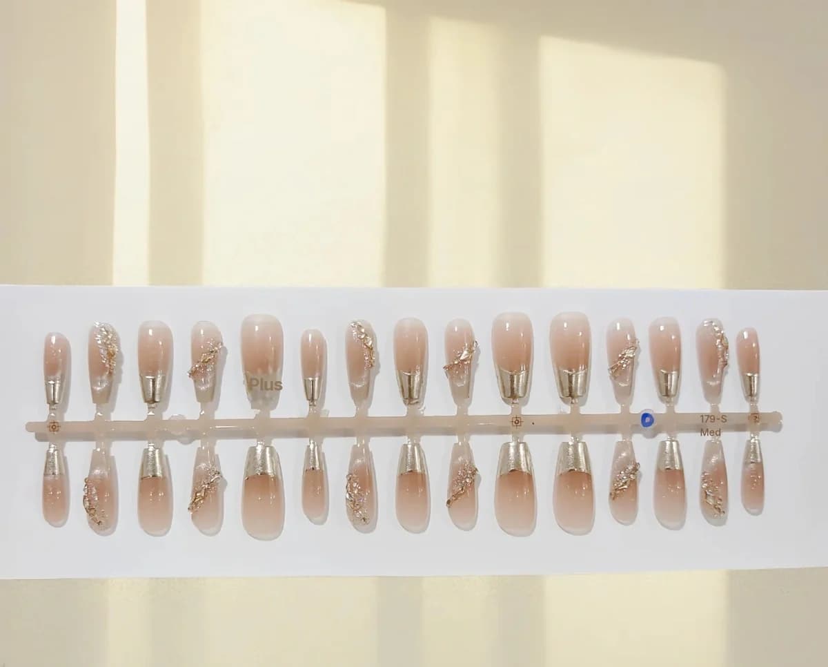 French Tip Paznokcie Prasowane ze Złotą Ramką i Brokatem, 30 Sztuk