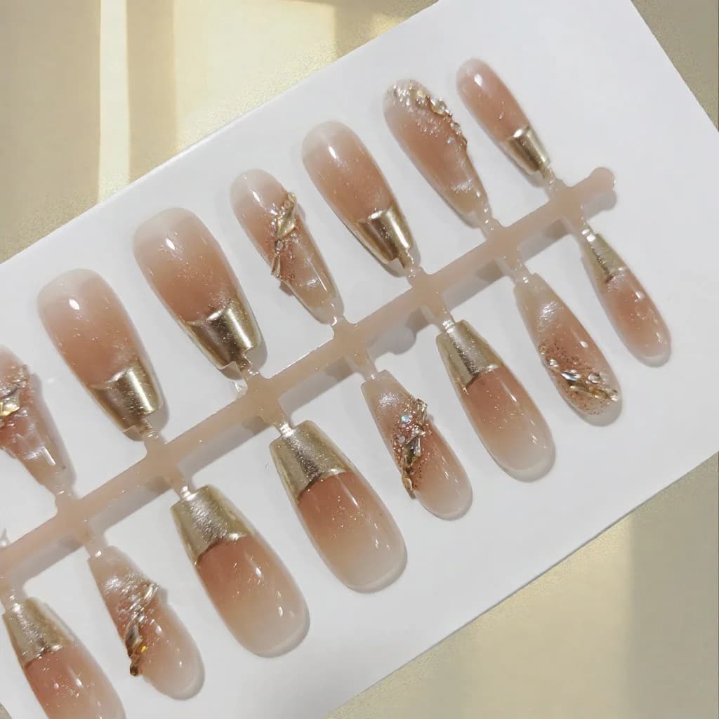 French Tip Paznokcie Prasowane ze Złotą Ramką i Brokatem, 30 Sztuk