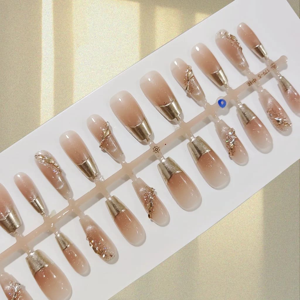 French Tip Paznokcie Prasowane ze Złotą Ramką i Brokatem, 30 Sztuk