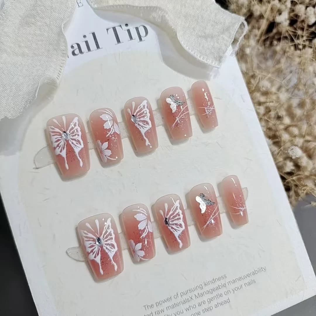 Krótkie Kwadratowe Paznokcie Nakładane Motyl Francuski z Brokatem