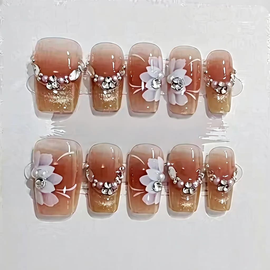 Kwiatowe tipsy naklejane Cat Eye z wzorem gwiazdek